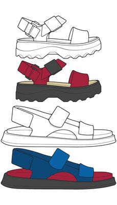 three different colored sandals are shown in this illustration