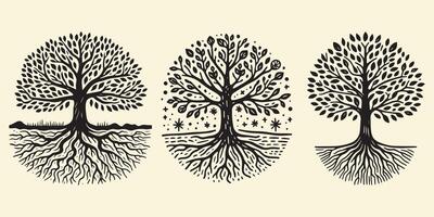 Traditional Nature Tree with Roots Flat Hand-Sketched Art vector