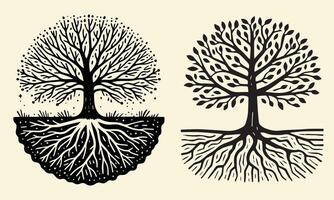Wild Tree with Roots Hand-Drawn Forest Illustration vector