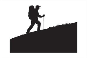 Adventurous Hiker in Silhouette on a Steep Trail with Backpack vector