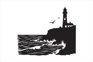 Lighthouse on Rugged Cliff with Crashing Ocean Waves Silhouette vector
