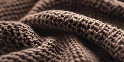This close-up showcases the intricate texture of a brown knitted fabric, emphasizing the softness and craftsmanship involved. The fibers interweave beautifully, creating a warm appearance. photo