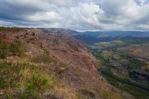 Waimea Canyon on Kauai, Hawaii, features red and brown cliffs, a green valley, and a winding river under a partly cloudy sky, creating a vivid landscape. photo