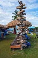 Wooden signpost with directional arrows to Kauai, Tahiti, and more, set in a tropical market with thatched stalls, palm tree, and blue sky. photo