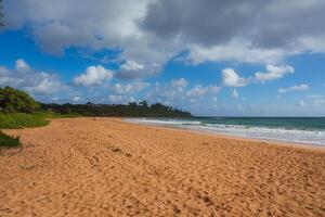 A tranquil beach with golden sand, bordered by greenery and gentle ocean waves. Partly cloudy sky and distant trees suggest a Hawaiian coastal area. photo