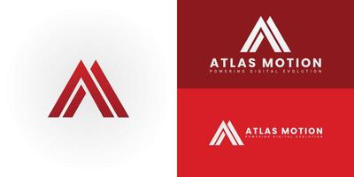 The dynamic logo design features the initials AM creatively integrated into a stylized arrow or lightning bolt, creating a unique symbol that evokes a sense of speed, power, and advanced technology vector