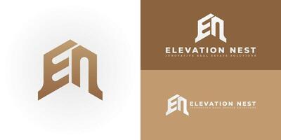 The dynamic logo design creatively integrates the initials EN into a stylized house shape, creating a unique striking symbol that evokes a sense of security, stability, and real estate expertise. vector