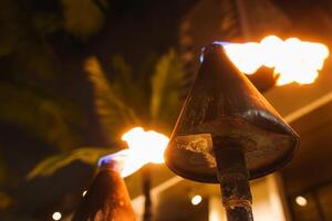Close up of lit tiki torches with flames, set against a tropical nighttime backdrop. Palm fronds and a faint building outline are visible in the background. photo