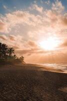 A serene beach at sunset with golden light over the ocean, palm trees on the left, scattered clouds, and people walking along the shoreline. photo