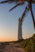 A tall white lighthouse stands near a sandy beach, surrounded by greenery and a palm tree, with the ocean partially visible under a golden sunset. photo