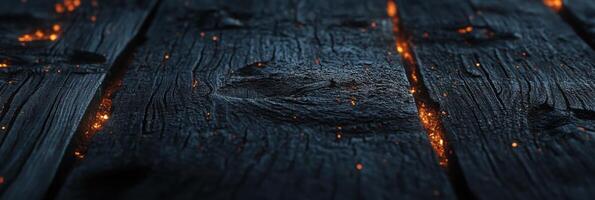 Burnt wooden planks with glowing embers creating a rustic texture effect photo
