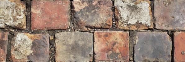Weathered brick wall texture with rustic red and gray stone pattern background photo