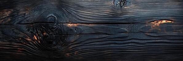 Close-up of charred wood texture with distinctive wood grain patterns photo