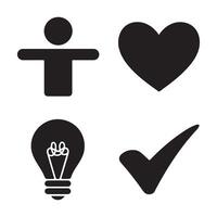Four simple icons representing person, heart, light bulb, and check mark. vector