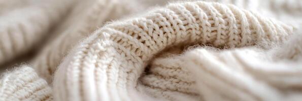 Cozy close-up of knitted woolen fabric with intricate texture pattern design photo