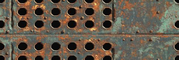 Rusty metal grate with weathered hexagonal pattern and corrosion effects photo