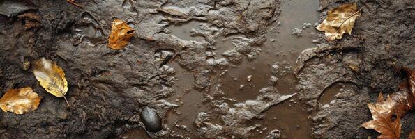 Wet autumn leaves on muddy ground creating a natural texture background photo