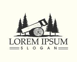 Lumberjack Logo with Saw and Log in a Forest vector