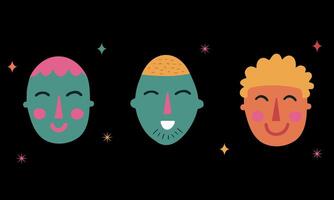 Cartoon retro faces with different colors and shapes set against a black background. Heads in doodle style. illustration vector