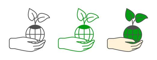 The icon is a plant, a sprout in the form of an icon in the hand on the globe. A collection of contours. Illustration of the symbol, logo of ecology, agriculture. A set of icons in different styles. vector