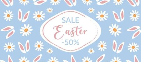 A banner for celebrating Easter. Horizontal design with daisies and rabbit ears. A template for an Easter card, a flyer, a holiday sale, a layout with a place for text. vector