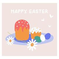 Easter illustration with a festive cake with icing, eggs and blooming daisies. A spring set of elements for the design of banners, postcards in honor of Easter celebrations. vector