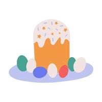 Easter holiday cake on a plate with colored eggs. illustration, a design element for celebrating Easter. vector