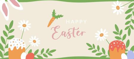 Horizontal Easter banner, festive design with cakes, colored eggs, daisies and rabbit ears. A template for an Easter card, a flyer, a frame with a place for text. vector