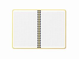 Yellow open notebook with vertical spiral. Blank sheets in a cage. Realistic 3D mock up. vector