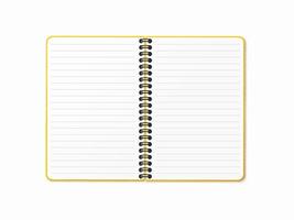 Yellow open notebook with vertical spiral. Blank sheets in a line. Realistic 3D mock up. vector