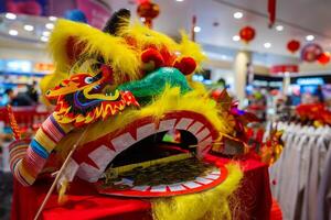A vibrant Chinese lion dance head with yellow fur and red accents sits on a red table with coins in its mouth. Red lanterns hang in a festive setting. photo