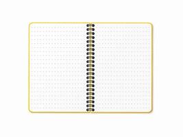 Yellow open notebook with vertical spiral. Blank dotted sheets. Realistic 3D mock up. vector