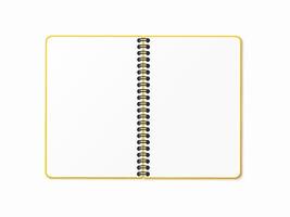 Yellow open notebook with vertical spiral. Empty blank sheets. Realistic 3D mock up. vector