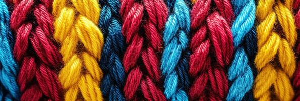 Colorful braided yarn pattern with red, blue, and yellow strands photo