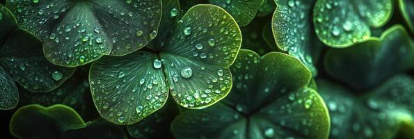 Close-up of dew-covered green clover leaves portraying refreshing natural beauty photo