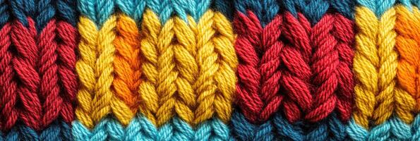 Close-up view of colorful knitting pattern with varied yarn colors photo
