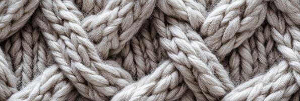 Close-up of knitted wool texture with interlocking cable patterns photo