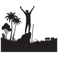Silhouette Man on Mountain Top Achieving Success and Victory vector