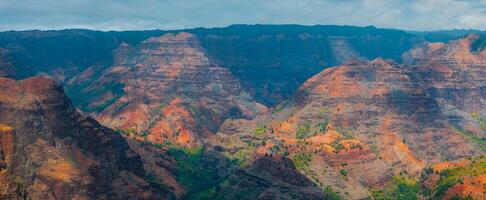 Waimea Canyon on Kauai Island, Hawaii, features rugged cliffs in red, orange, and green hues, with sunlight and shadows highlighting its dramatic depth. photo