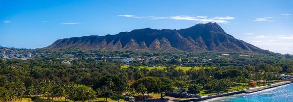 Diamond Head Crater with rugged ridges, lush greenery, palm trees, and a coastal area bordered by a seawall, under a bright blue sky with clouds. photo