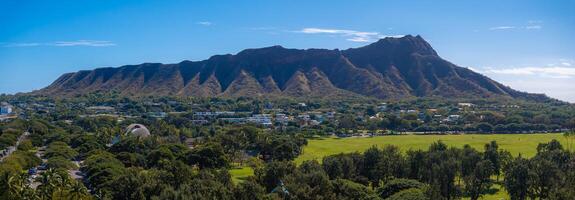 View of Diamond Head Crater in Oahu, Hawaii, with rugged ridges, a park with trees in the foreground, and urban buildings under a clear blue sky. photo