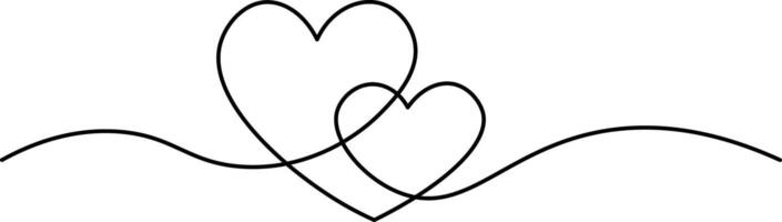 Two hearts and love sign in continuous one line . Love symbol on transparent background. Banner for valentine's day. Abstract hearts. Editable stroke, hand drawn sketch minimalism illustration vector