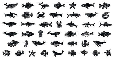 Set of linocut hand-drawn marine animals in black ink style, including fish, whales, dolphins, sharks, crabs, octopus, and starfish, isolated on transparent background vector