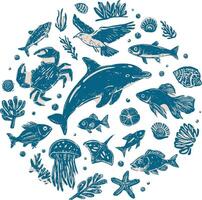 Linocut hand-drawn circular marine life composition in blue and beige ink style, featuring dolphin, fish, crab, jellyfish, starfish, seashells, seaweed, and seagull, isolated on transparent background vector