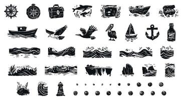 Set of linocut hand-drawn nautical and marine elements in black ink style, including compass, anchor, boat, seagulls, waves, lighthouse, and treasure chest, isolated on transparent background vector