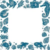 Linocut hand-drawn underwater frame in blue and beige ink style, featuring seahorse, fish, shrimp, treasure chest, seashells, and coral, with copy space for design or message, transparent background vector