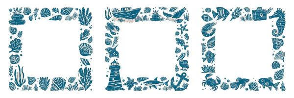 Set of three hand-drawn marine-themed decorative frames in blue and beige ink style, featuring seashells, fish, coral, seaweed, lighthouse, boat, and marine animals, with copy space on transparent vector