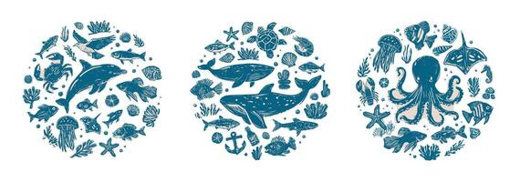 Set of circular linocut hand-drawn marine life illustrations in blue and beige ink style, featuring dolphins, whales, octopus, fish, coral, seashells, and seaweed, isolated on transparent background vector