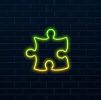 Glowing neon line Piece of puzzle icon isolated on black background. Business, marketing, finance, layout, infographics, internet concept. Colorful outline concept. vector