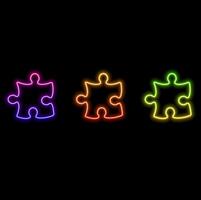 Connecting puzzle pieces. Neon light. 3D rendering vector